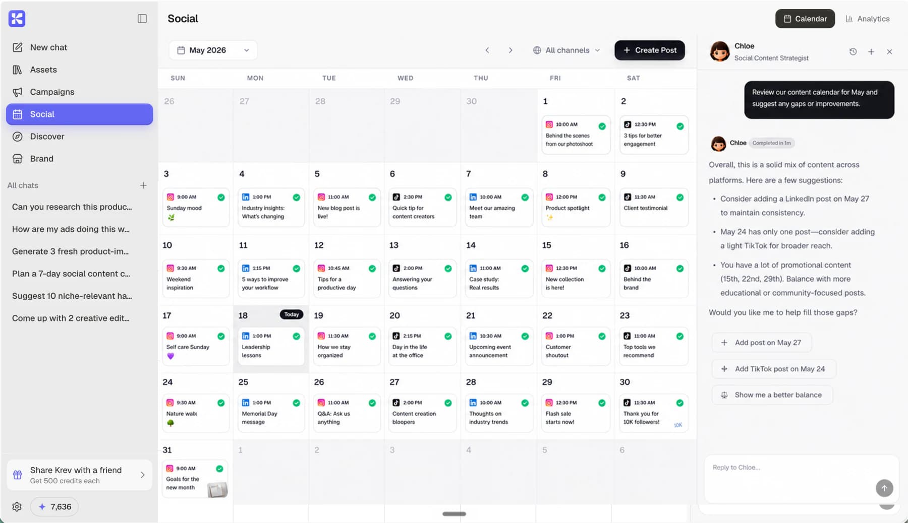 Krev social calendar interface with Chloe planning posts