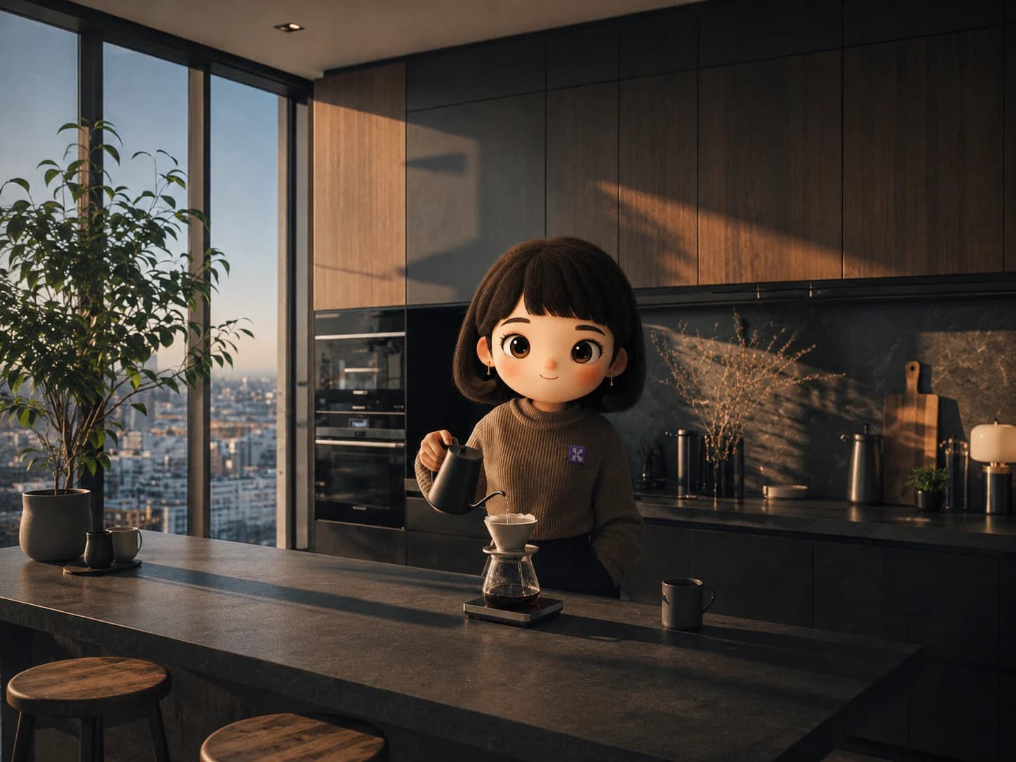 Chloe making coffee in a modern kitchen