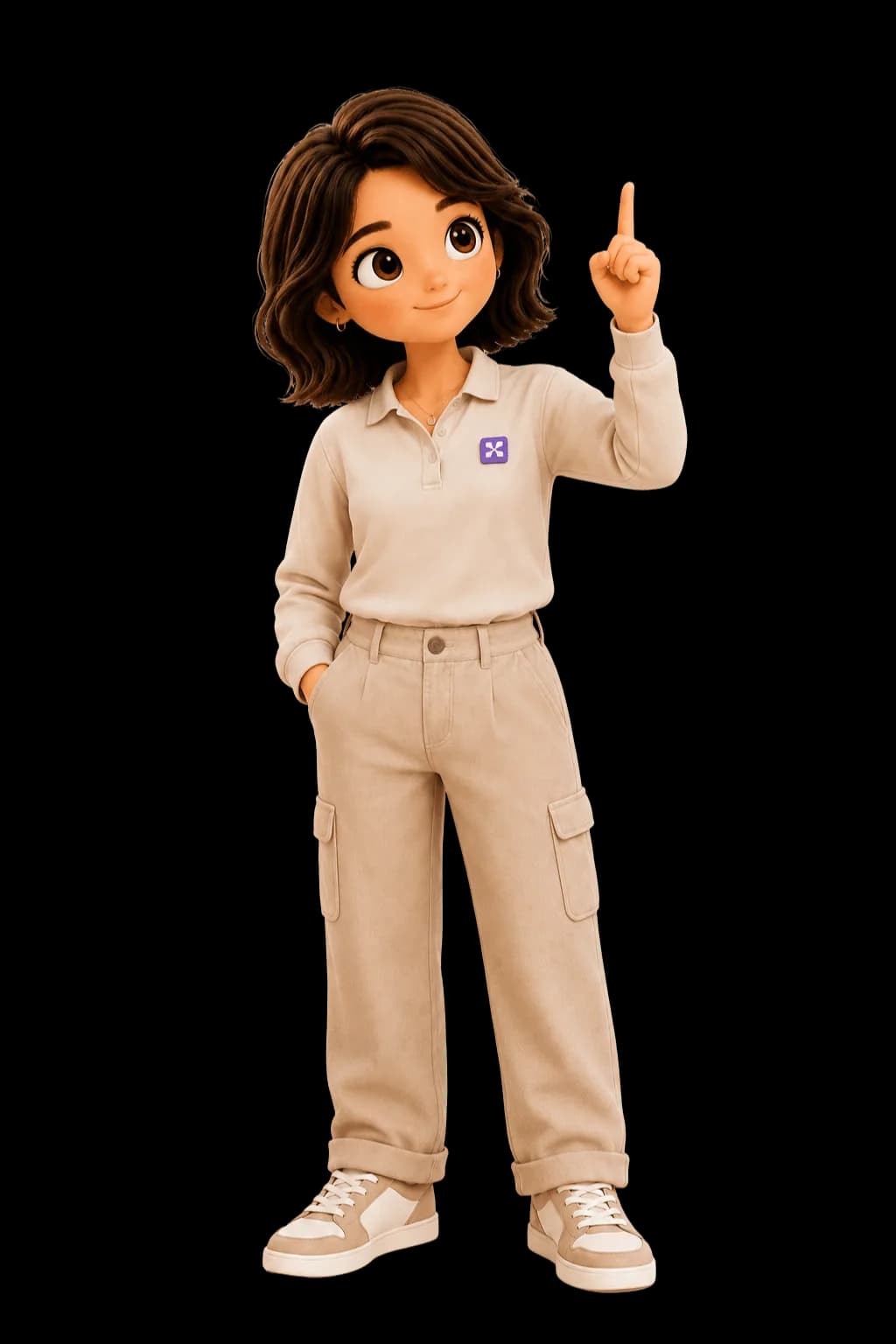 Luna pointing beside the creative library interface