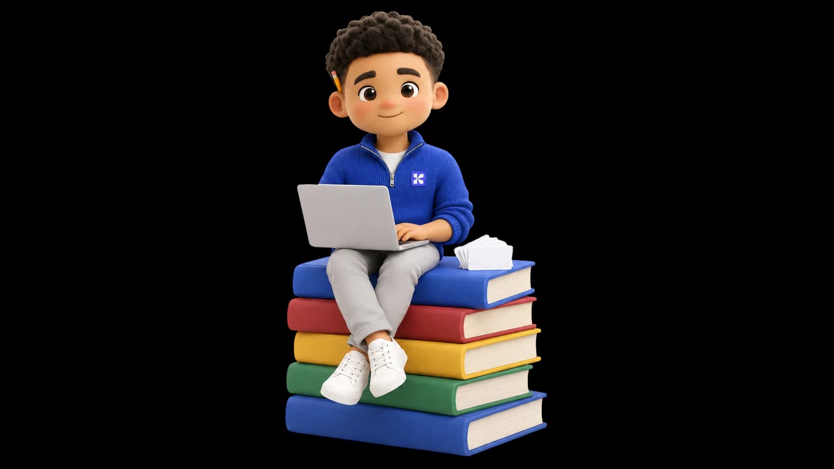 Max sitting on a stack of books with a laptop