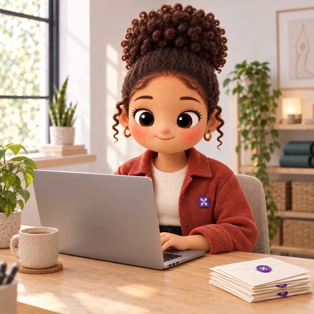 Rue designing an email at her desk