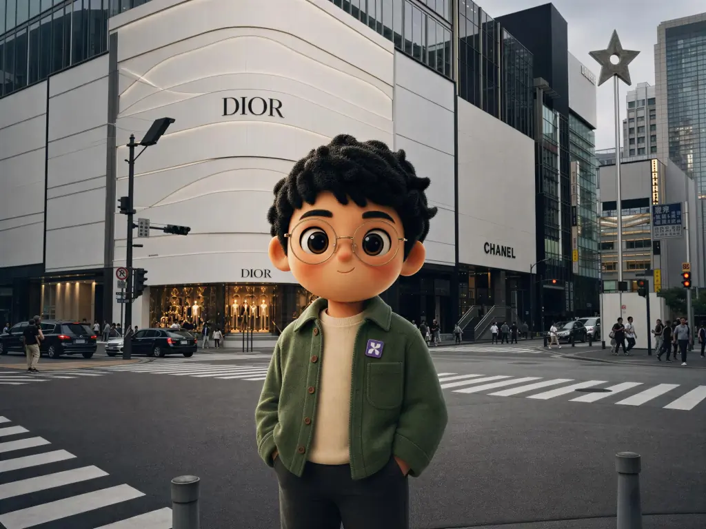 Scout standing in a city shopping district