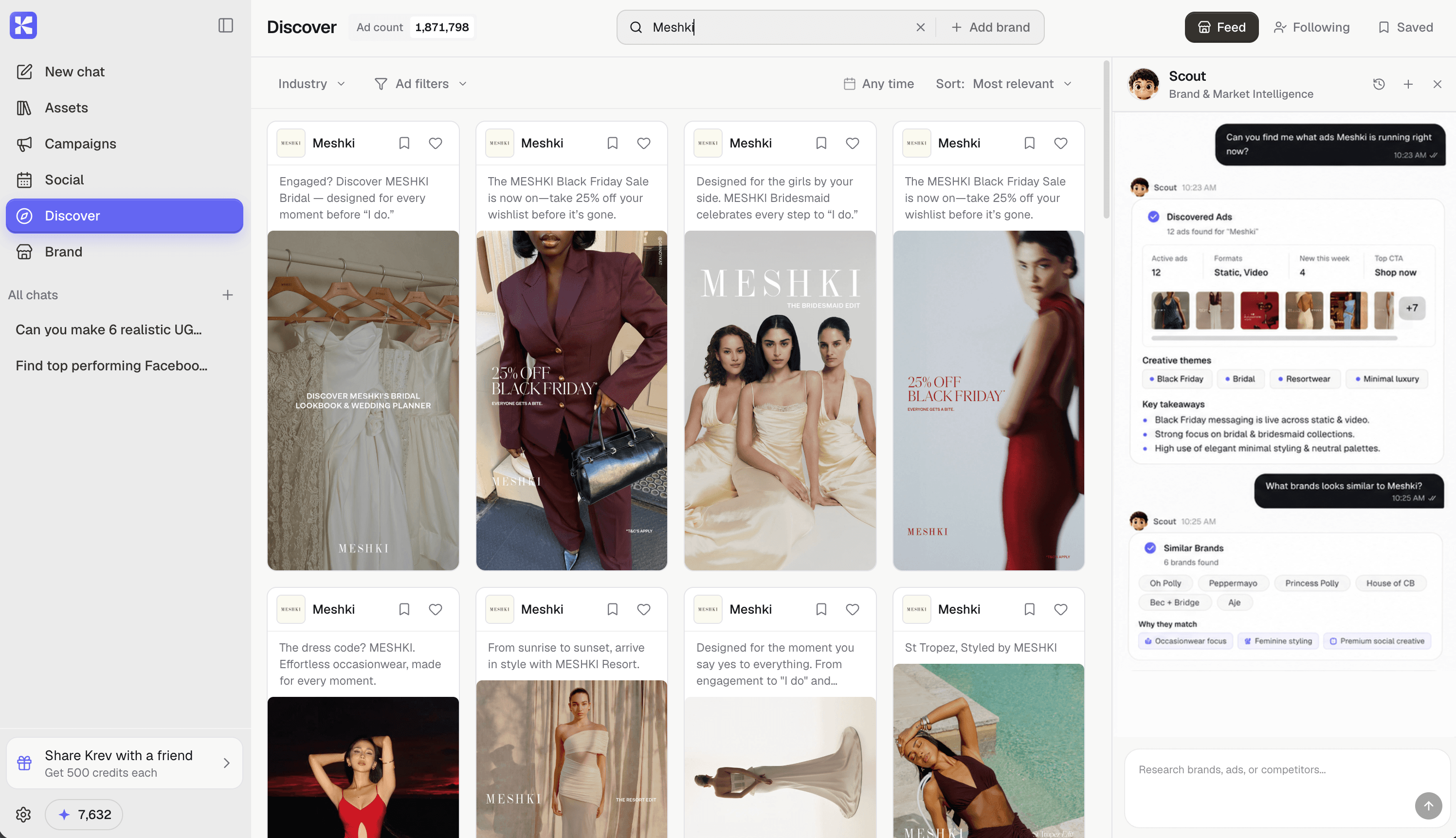 Krev Discover interface with Scout researching competitor ads