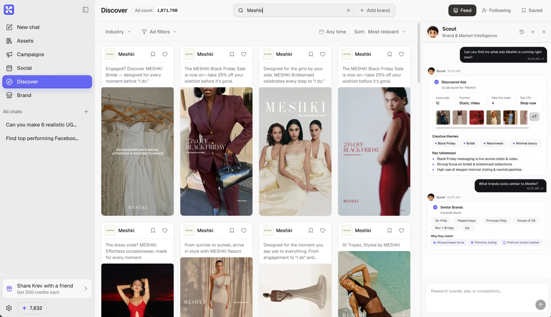 Krev Discover interface with Scout researching competitor ads