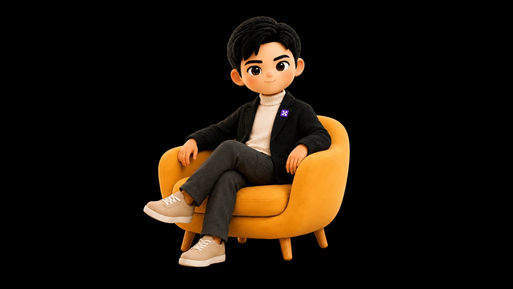 Toshi sitting in a chair