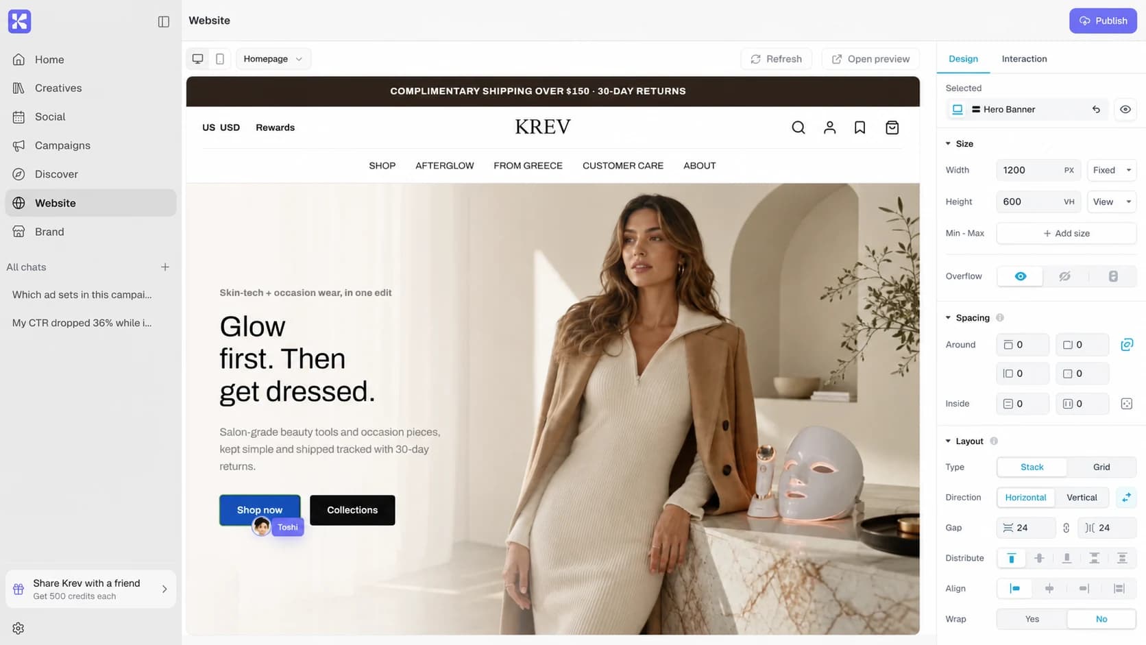 Krev website editor with Toshi updating a Shopify homepage section