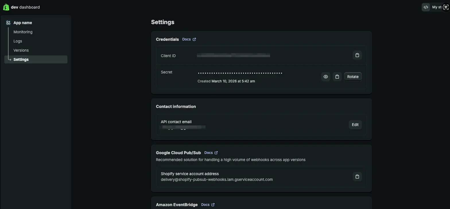 Shopify custom app credentials