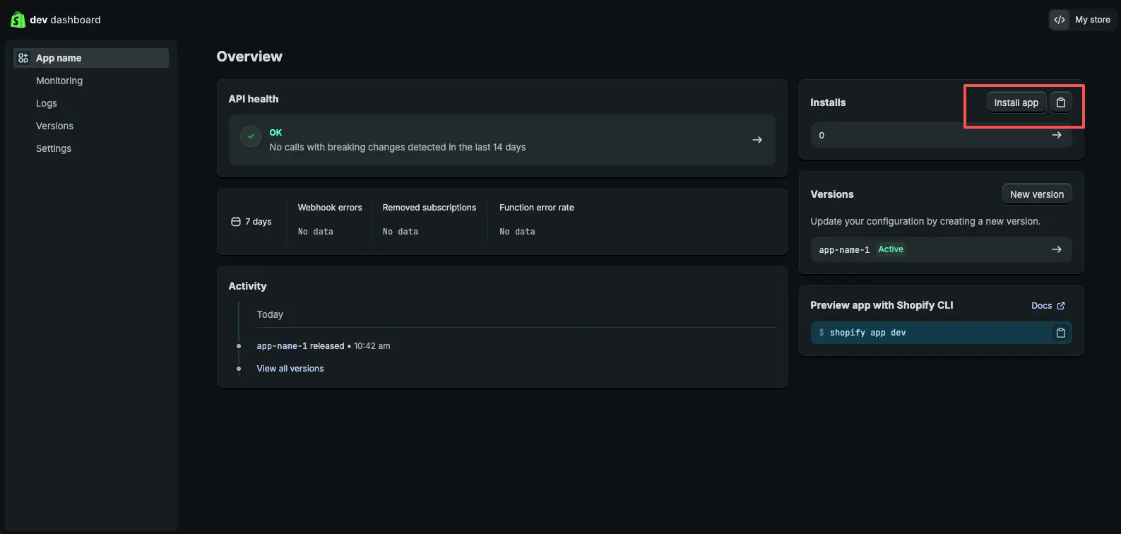 Shopify custom app install screen