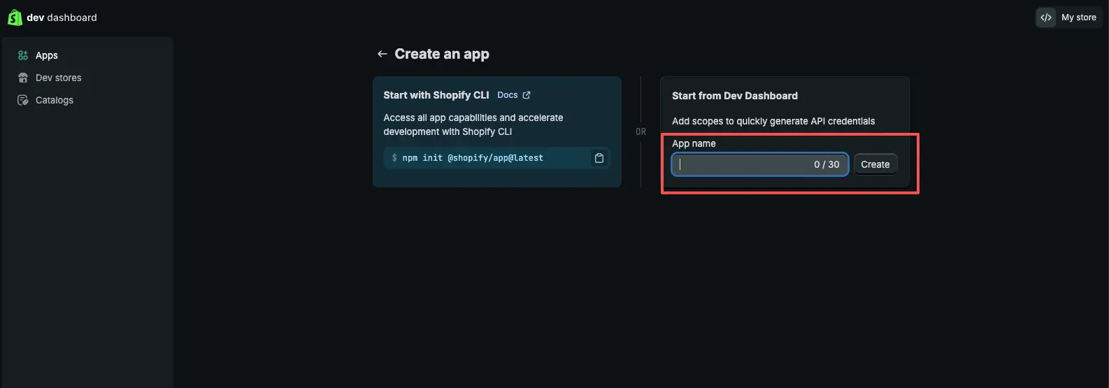 Shopify Dev Dashboard app naming screen