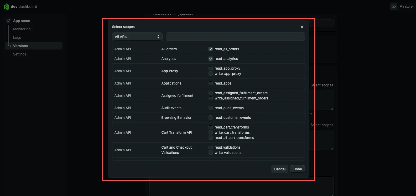 Shopify access scopes selected