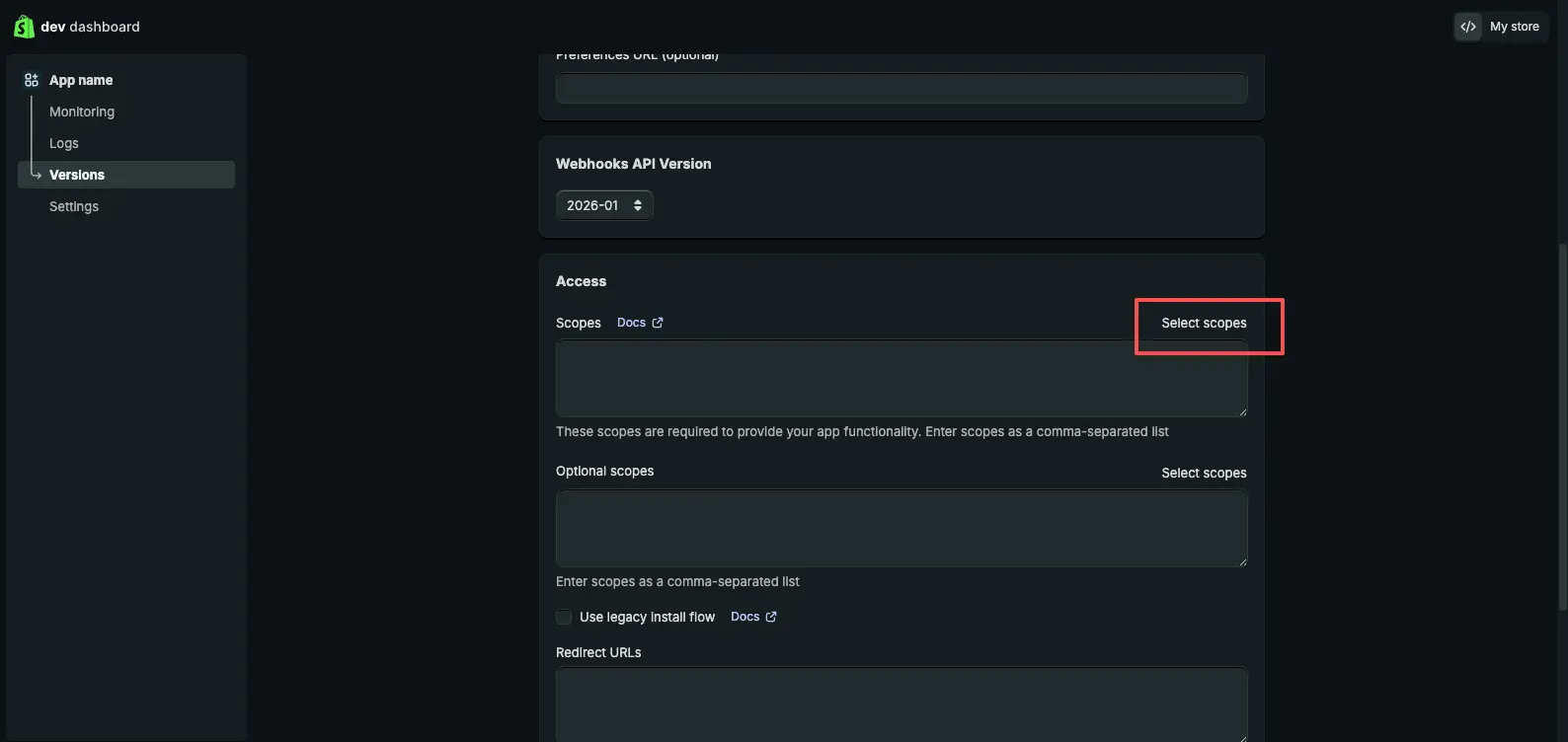 Shopify access scopes button