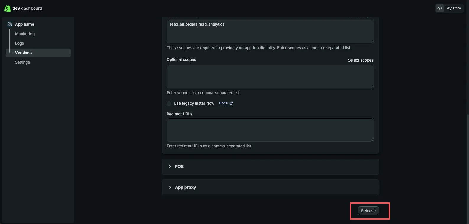 Shopify custom app release screen