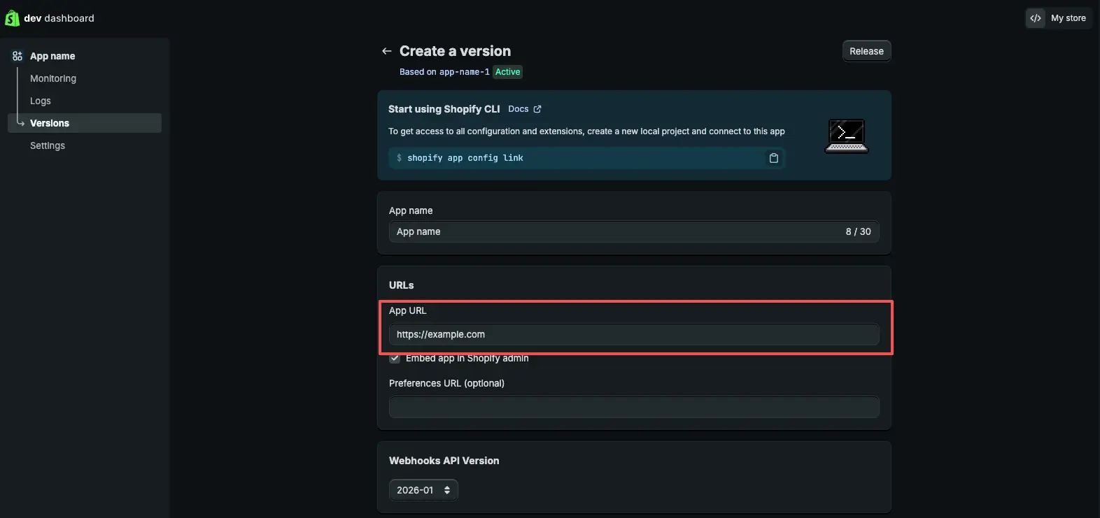 Shopify app URL configuration