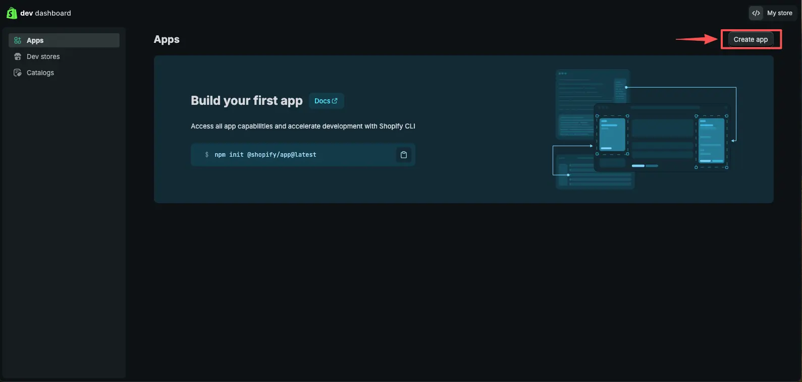 Shopify Dev Dashboard create app button