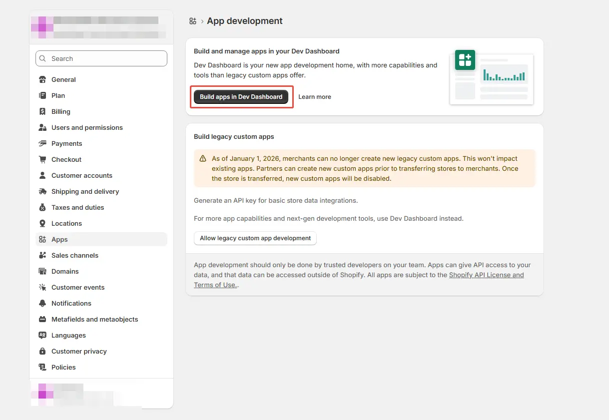 Shopify Admin app development screen