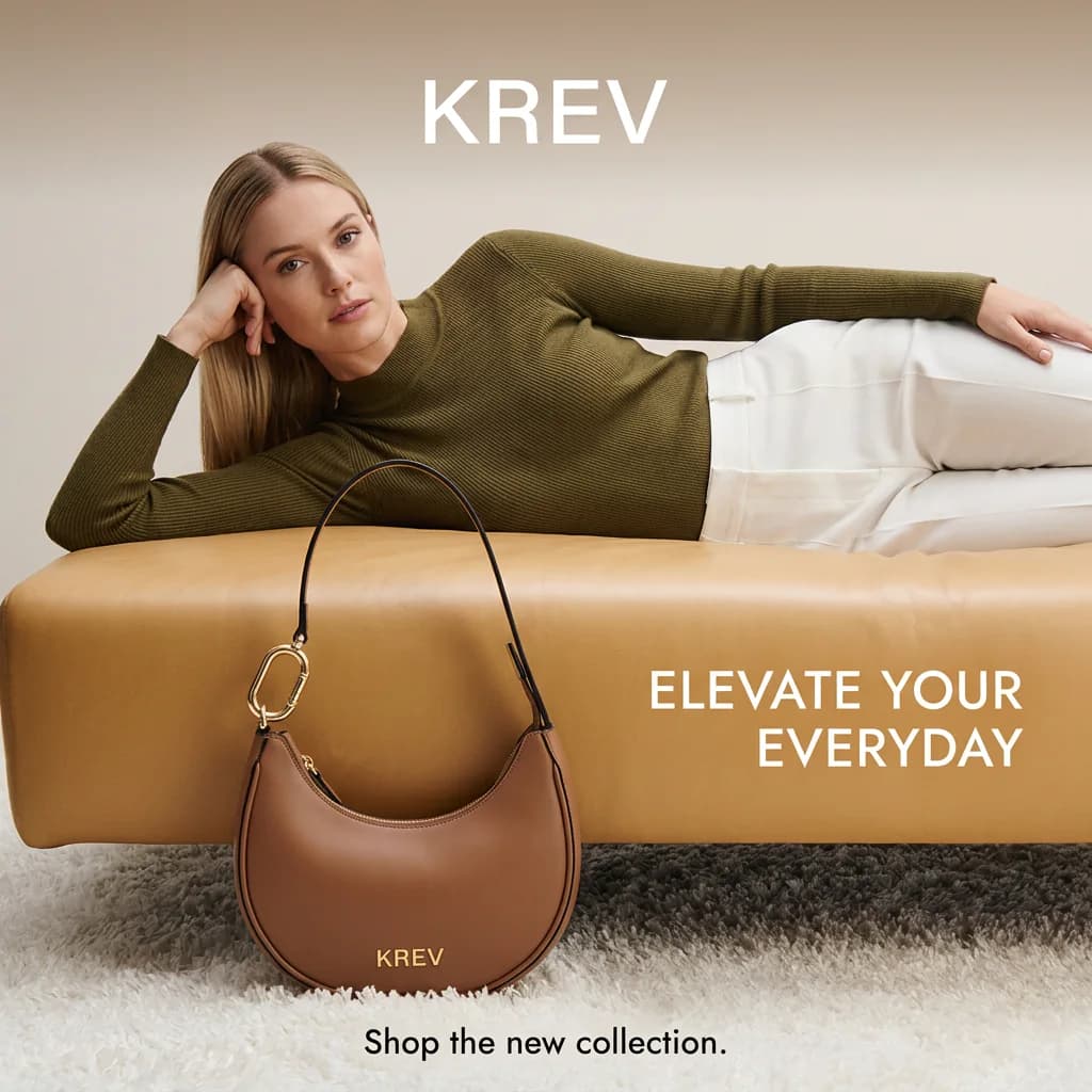 Krev crescent bag lifestyle ad with brand campaign copy