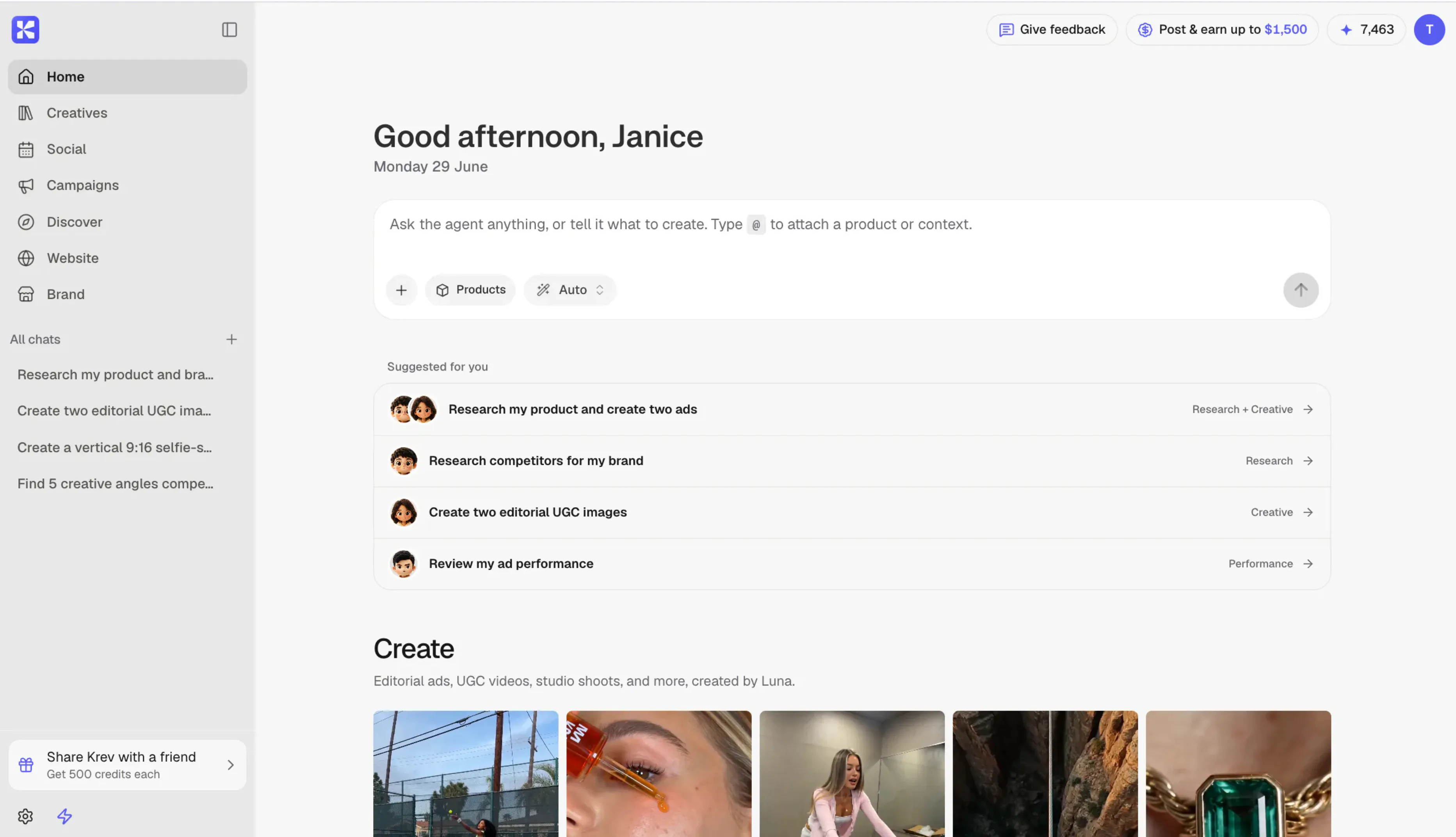 Krev workspace showing the agent composer and AI employee cards
