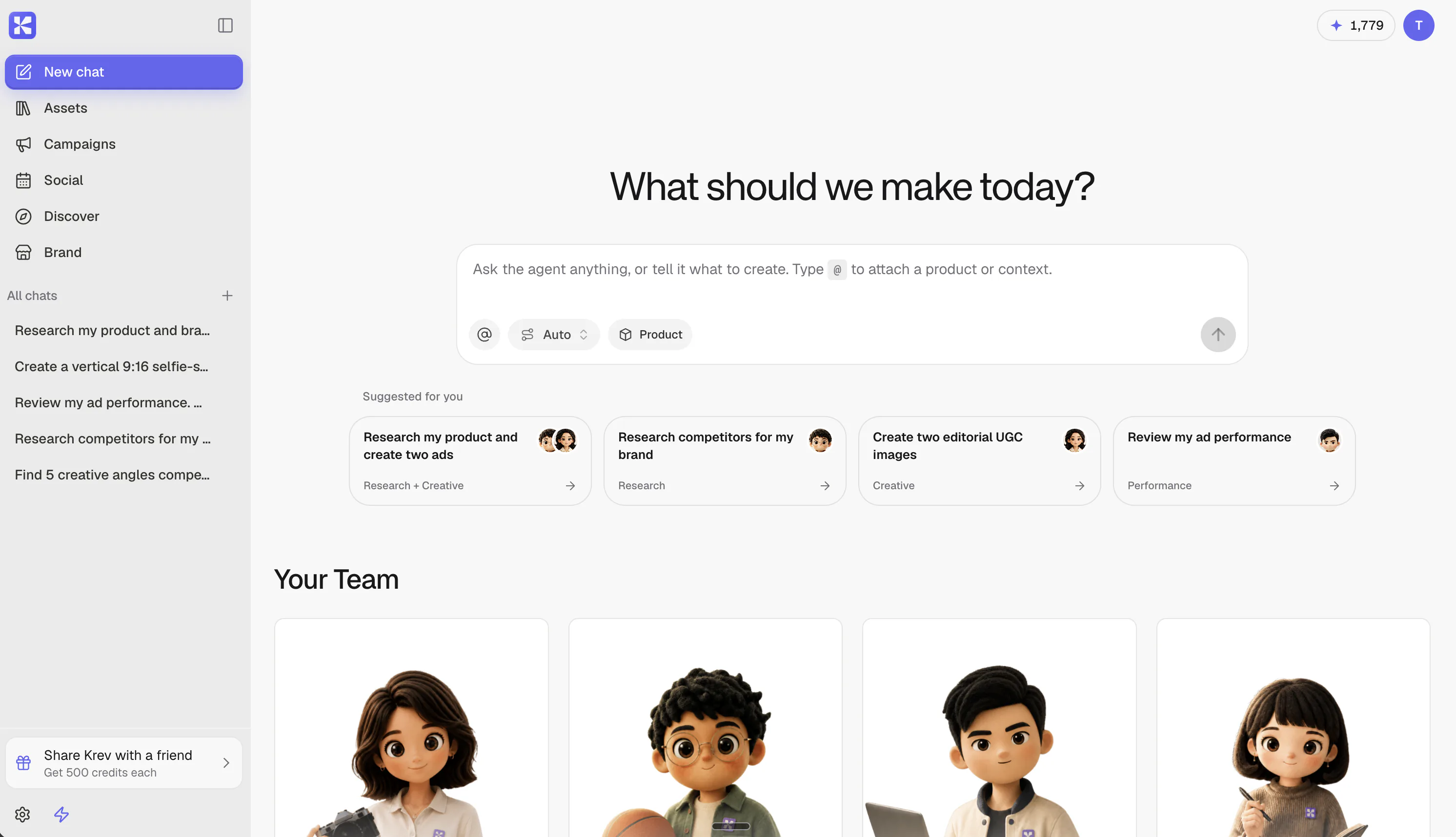 Krev workspace showing the agent composer and AI employee cards